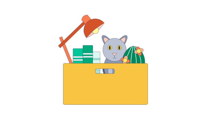 An illustration of a cat in a box with a plant, books and a desk lamp.