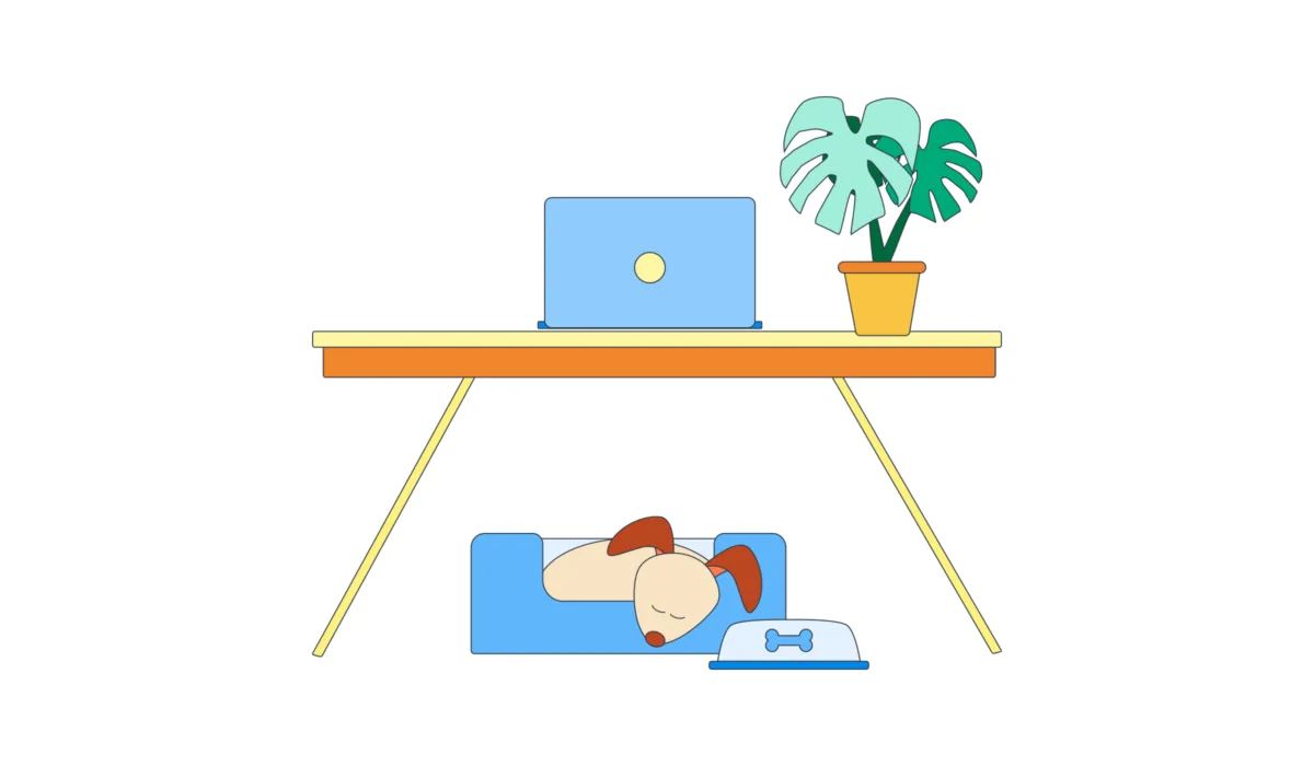 An illustration or a dog sleeping under a work desk at homes.