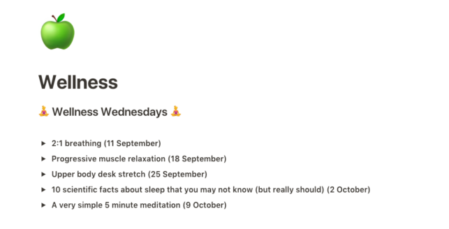 A screenshot of the 'Wellness' section of of Notion workspace resource. 
