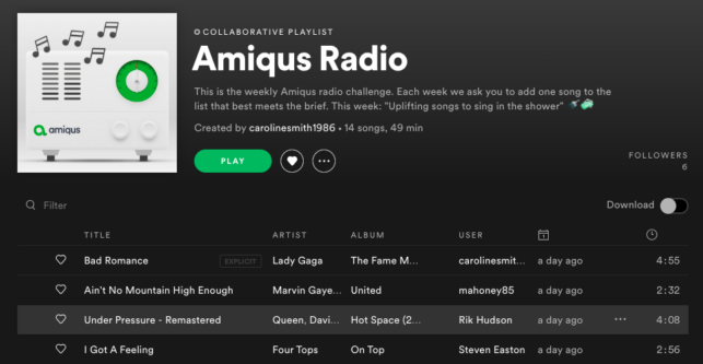 A screenshot of the Spotify system that we use of our weekly Amiqus radio competition.