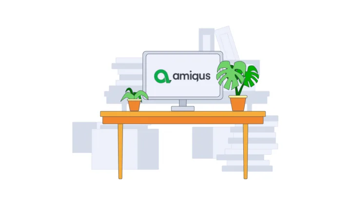 illustration of a desk and monitor with Amiqus logo in it
