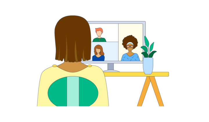 An illustration of a remote worker on a meeting with colleagues on a monitor device.