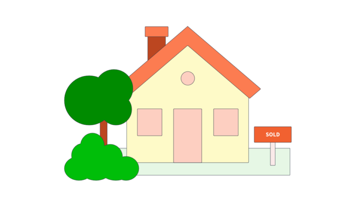an illustration of a house with trees and a sold sign outside.