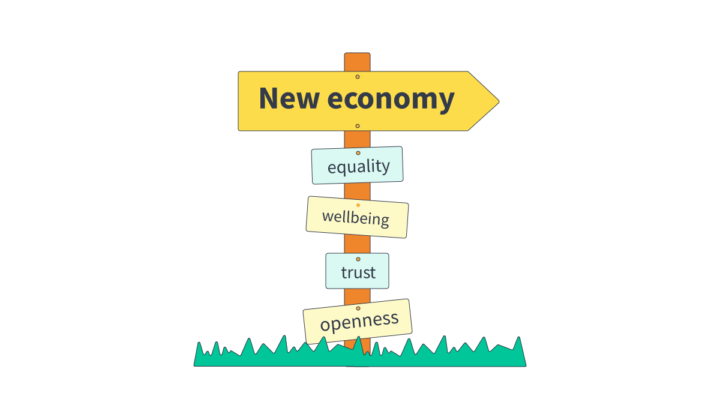 signpost illustration saying "new economy", "equality", "wellbeing", "trust" and "openness.