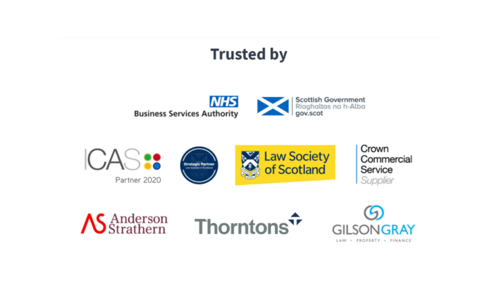 image collection of logos of who trust Amiqus such as NHS BSA, Scottish Government, ICAS, Law Society Scotland, Crown Commercial Supplier, Anderson Strathern, Thorntons, Gilsons Gray.