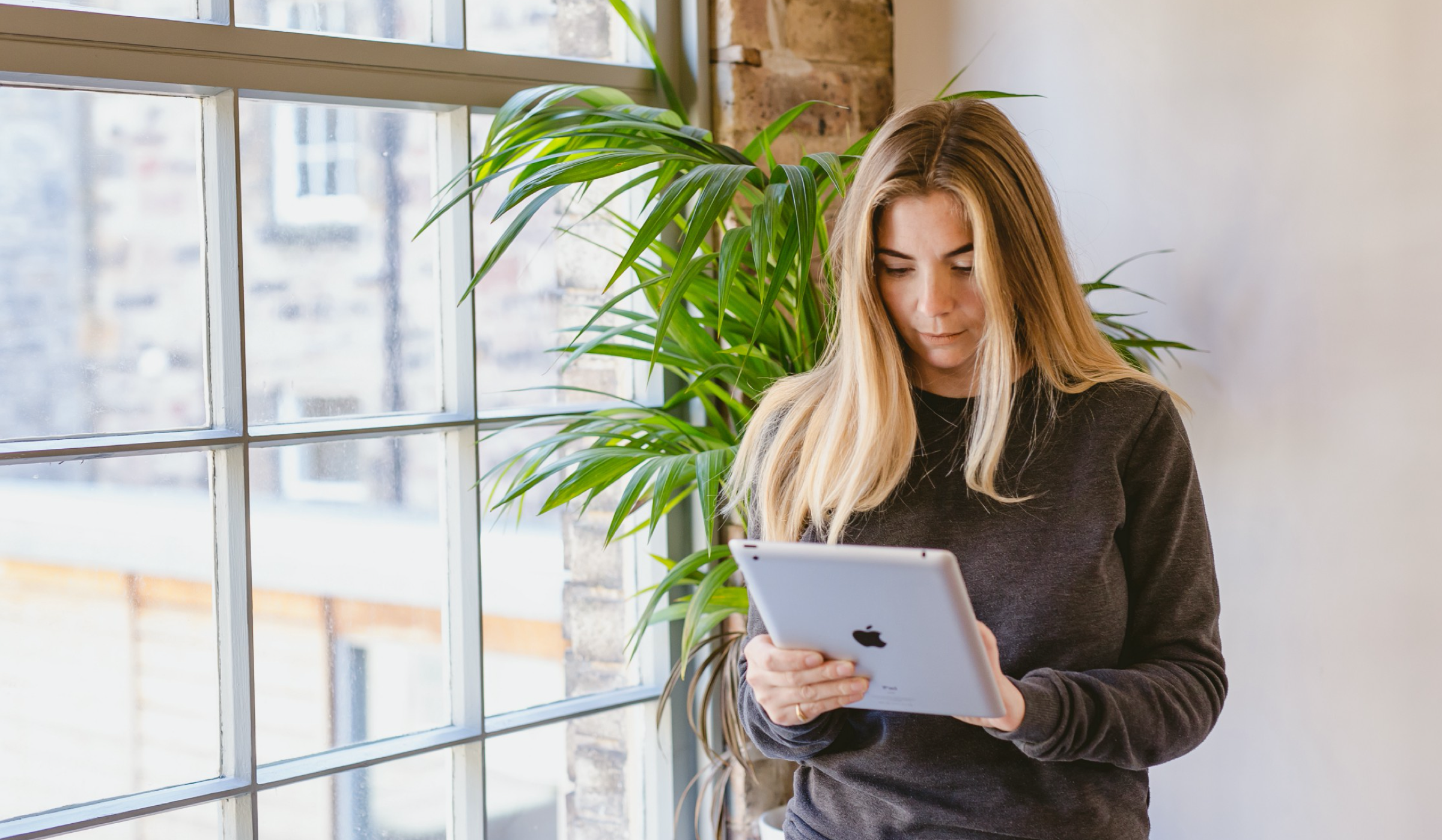 Image of a woman using an iPad standing beside a large window to show verification of employment