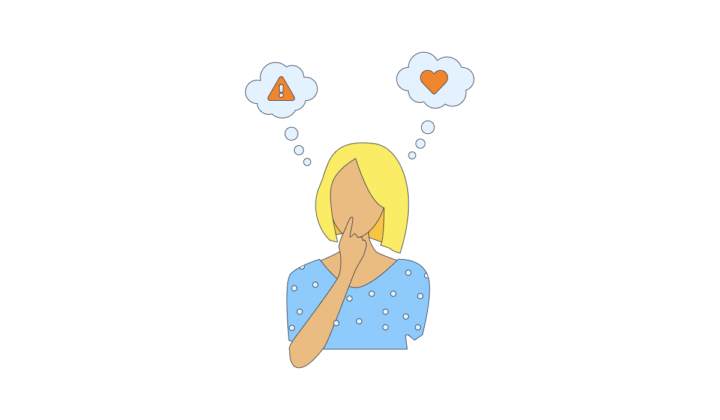 An illustration of a person thinking with two speech bubble options, one showing the caution sign and the other showing the heat symbol.