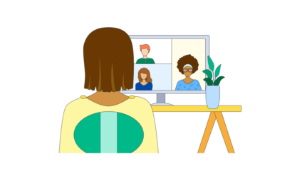 An illustration of a person sitting on their laptop on a meeting with fellow team members.
