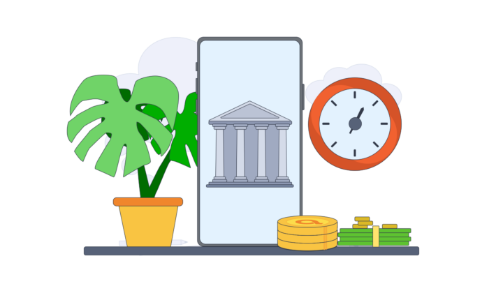 illustration of banking app with money and a clock on the table