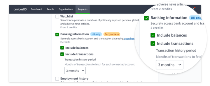 An example image of the Amiqus product selecting the Banking information check and within that additional checks such as include balances and include transactions up to 3 months have been selected.