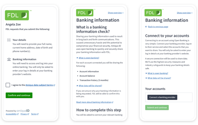 This is an image of the user journey completing their checks using Amiqus on a mobile device. This is 3 mobile screens showing the process of submitting a banking information check.