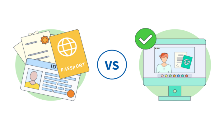 manual vs digital onboarding illustration. The manual side is just showing a number of paper documents being checked in person, the other graphic is showing the documents being automatically checked digitally.