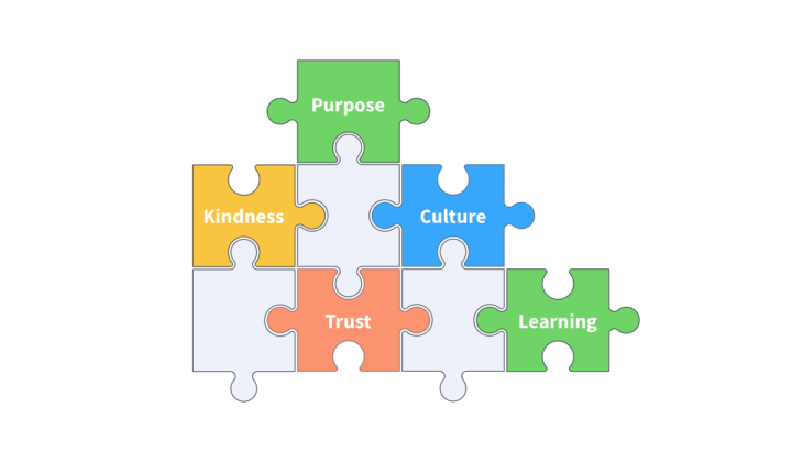 An illustration of puzzle pieces some having words such as; Kindness, Purpose, Culture, Trust, Learning.