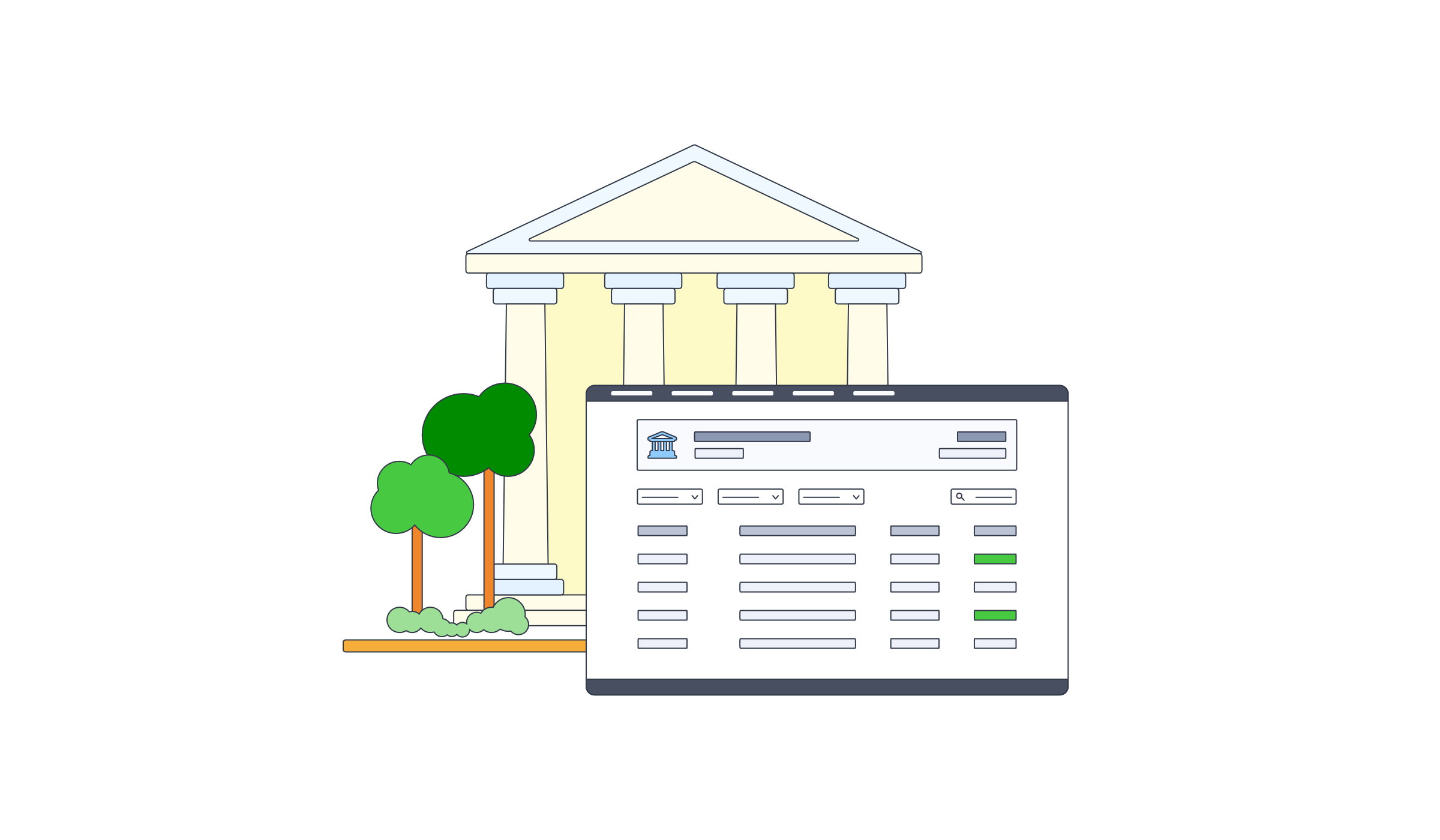 Illustration showing a bank building and a interface sitting beside it.
