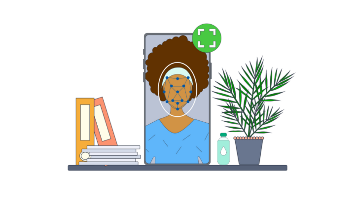 illustration showing facial biometrics on a persons face within a mobile device. The background is showing paperwork, documents and a plant.