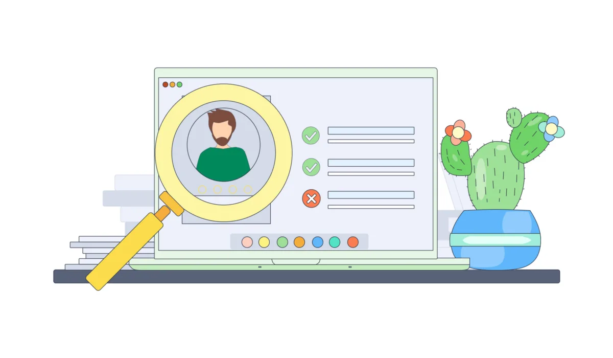 Illustration showing how Amiqus can search and show if someone has a sanction flagged against them. The illustration is showing the persons profile with a magnifying glass over their image with a red x appearing showing that they have been flagged by watchlist.