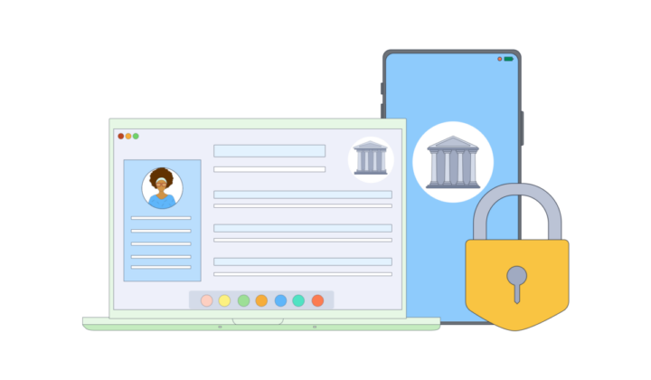 illustration showing secure online and mobile banking on both a laptop device and mobile device.