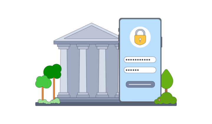 illustration of a bank building with a mobile banking app showing beside it with a secure log in