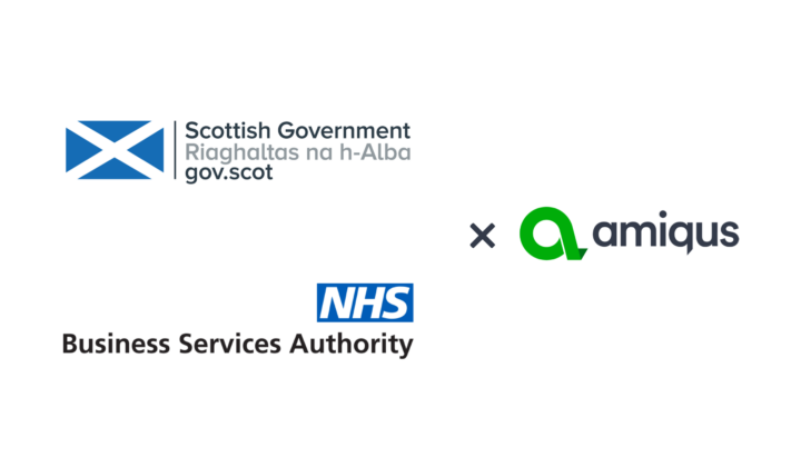 Graphic showing the Scottish Government logo, NHS BSA logo as Amiqus enters the public sector.