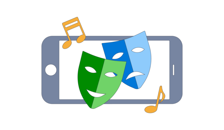 An illustration of a mobile device with the drama symbols and music symbols.
