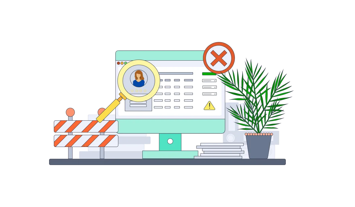 illustration showing Amiqus flagging a sanction on candidate on a monitor with an x appearing over their check.