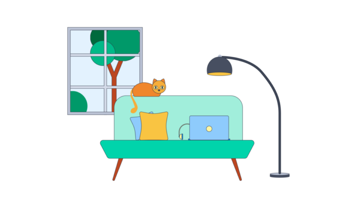 An illustration of a sofa, with a laptop sitting on the seat with a cat resting looking out the window at the trees.