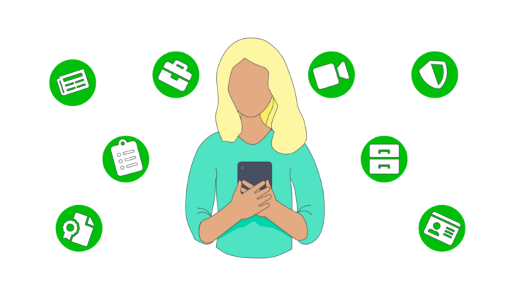 illustration showing that Amiqus is much more than an IDSP with more services available. The illustration shows a character on their phone with bubble with icons floating around them that represent different checks.