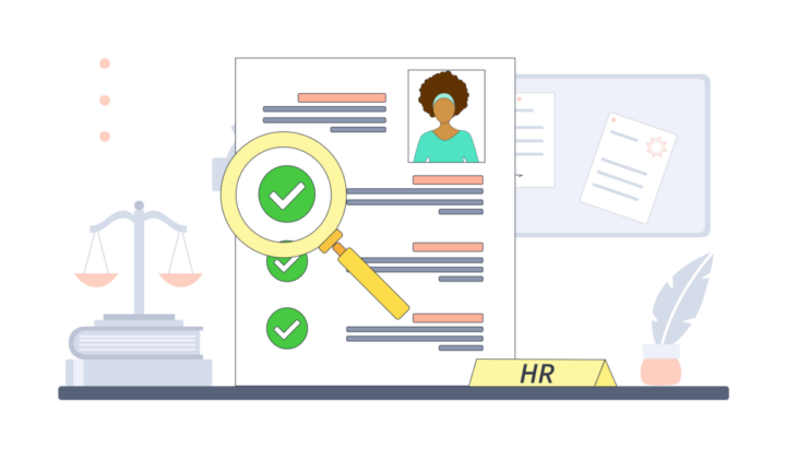 An illustration to show AML compliance and Right to work checks. The graphic is showing a persons profile to check against with a magnifying glass. The background shows scales sitting on top of books with a white board behind the graphic. There is a desk title with "HR" title on it with a feature pen sitting next to it.