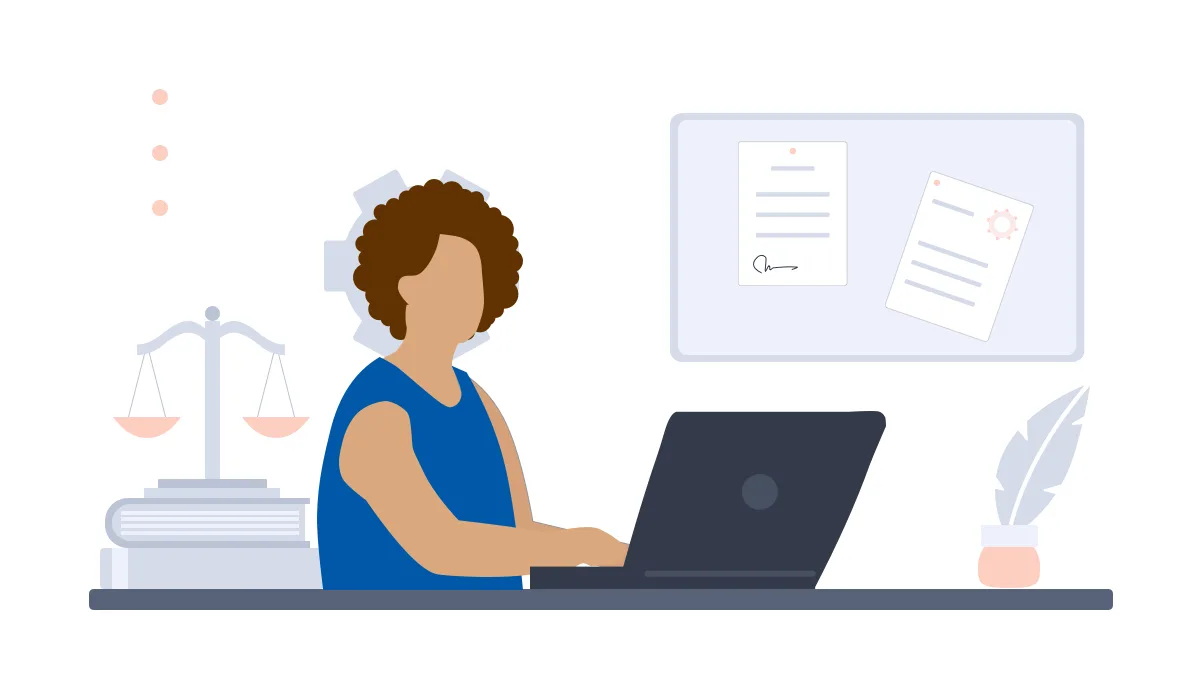 An illustration of a woman sitting at her laptop, with various visual graphics representing law pictured behind her. It indicated she works in a law firm