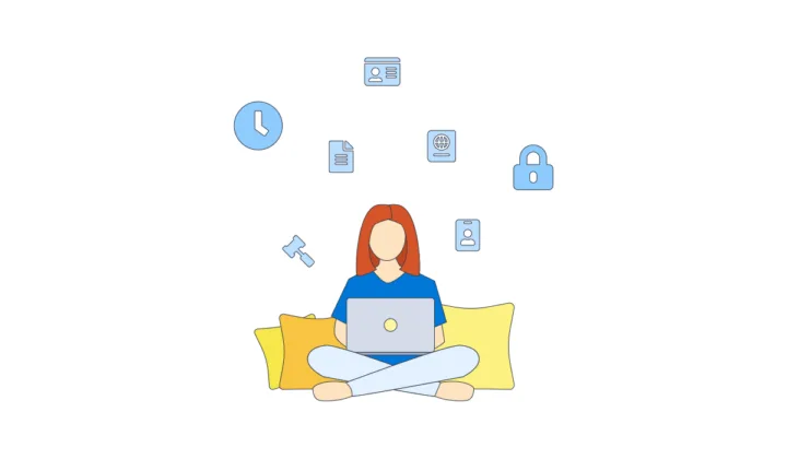 illustration of different functionalities appearing around a person sitting on working on their laptop device.