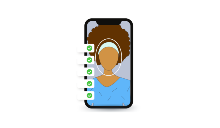 An illustration to represent digital verification checklist. The graphic has an image of a character on a mobile device with a list of checks and ticks appearing beside the graphic.