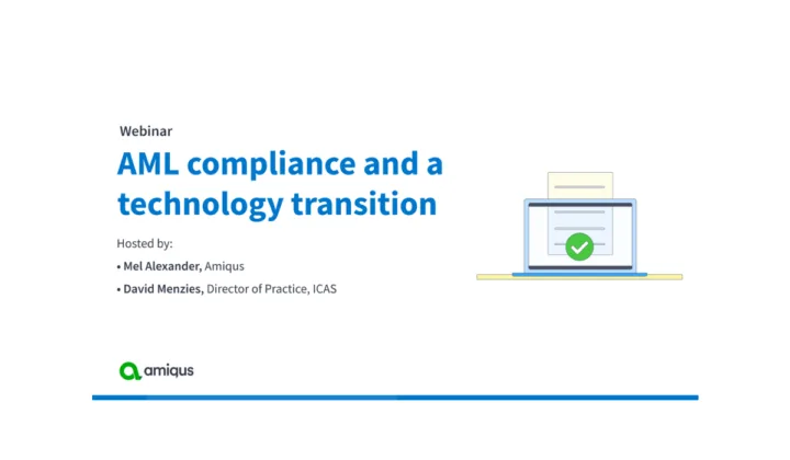Webinar graphic about AML compliance and a technology transition and the name of the hosts.