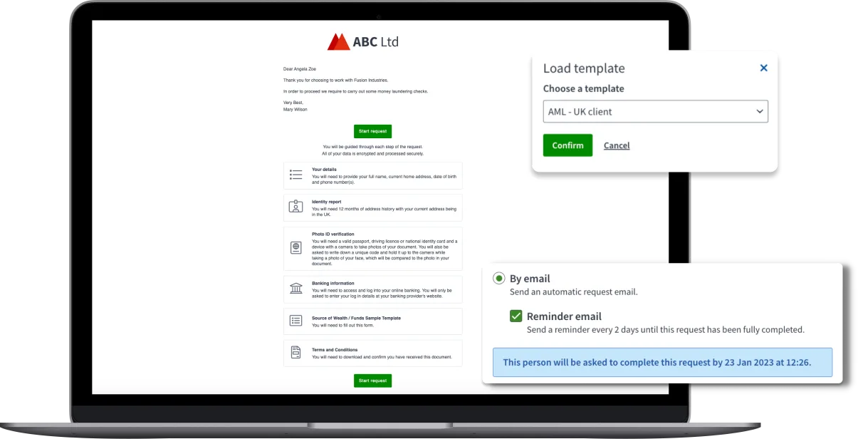 Product screen of an anti-money laundering request showing in a branded email email for the user to complete.