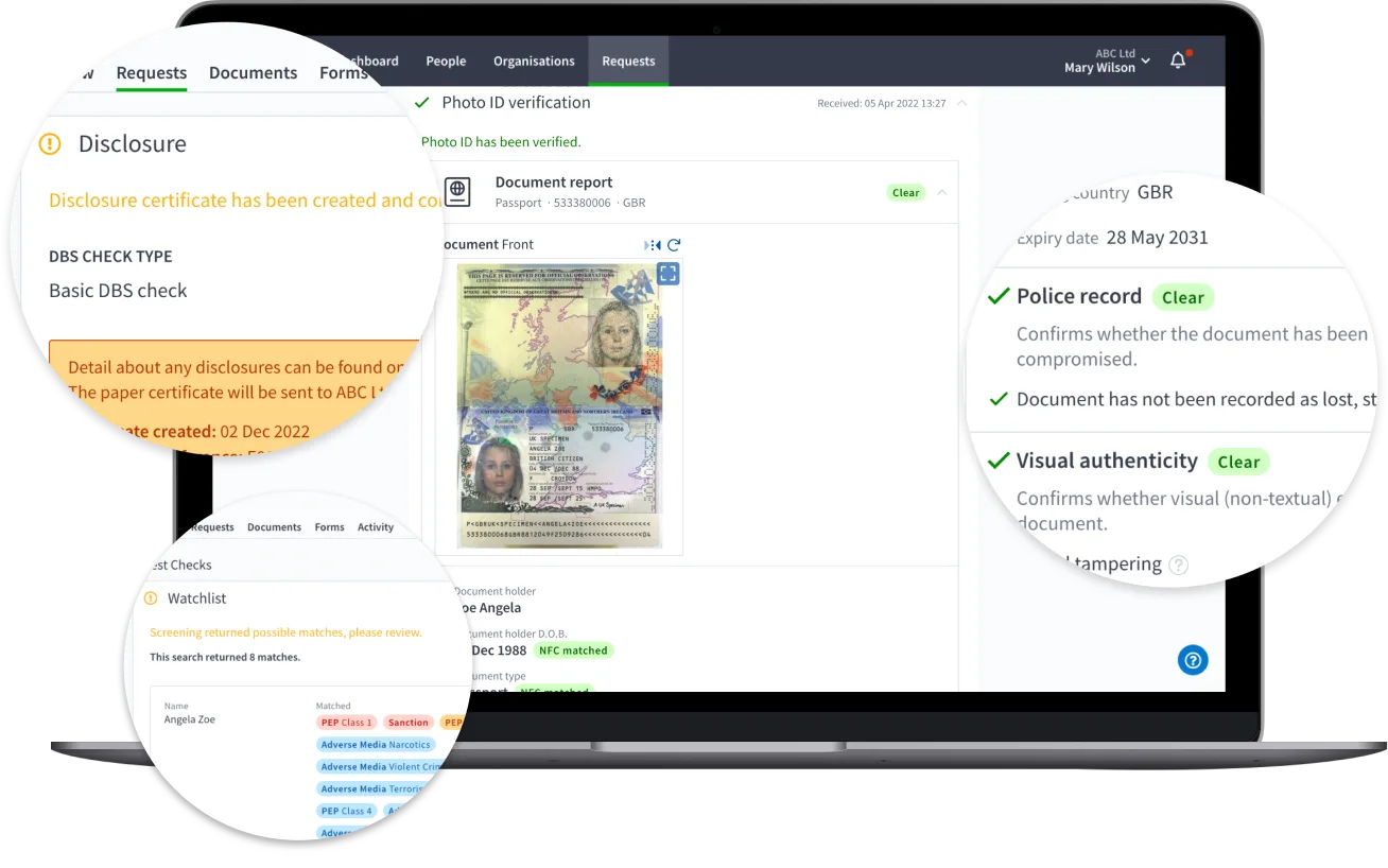 Product screen showing document report results showing watchlist, dbs and police record results.
