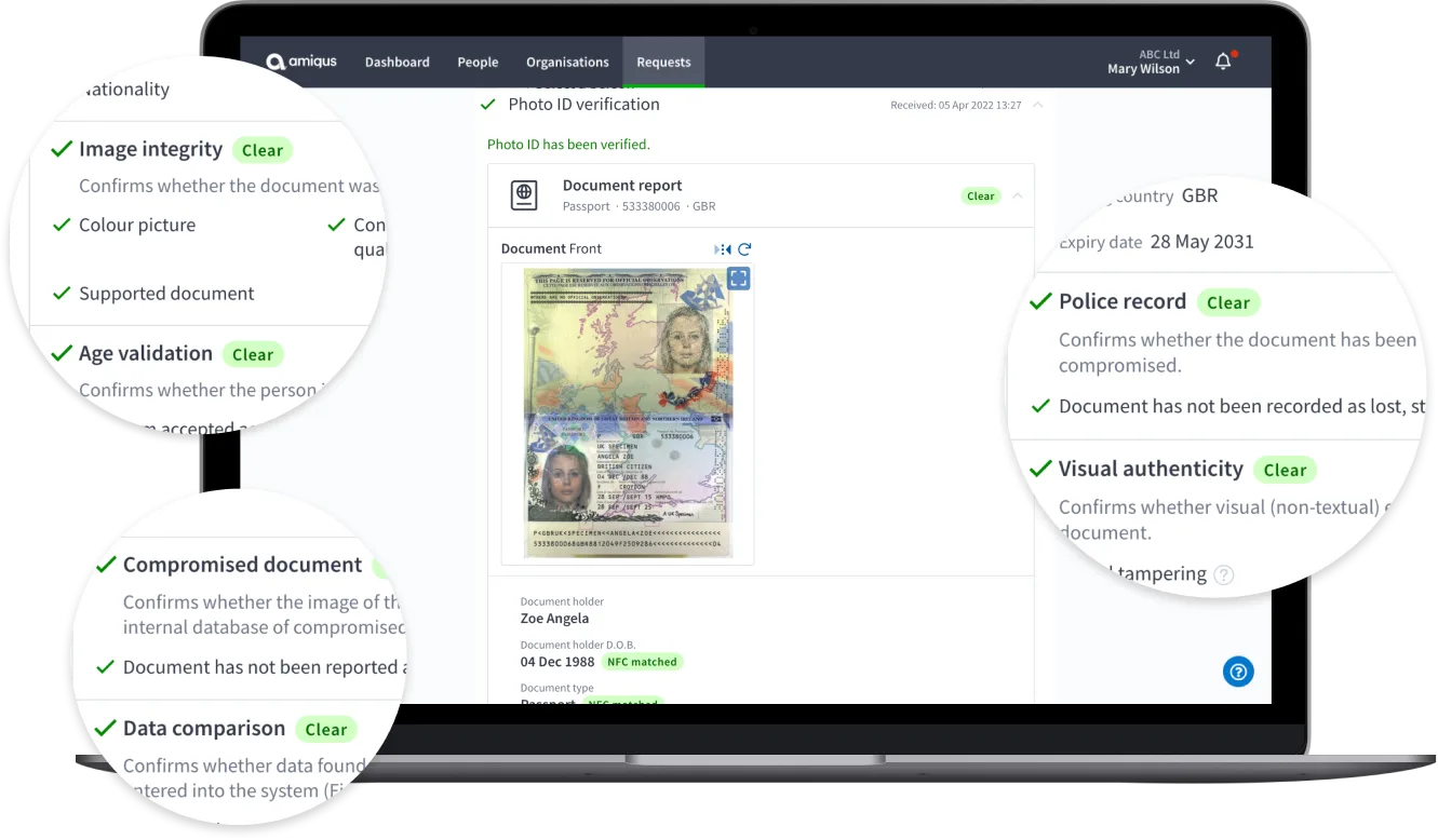 Photo ID verification results for right to work checks on Amiqus interface displaying results for document report which checks image integrity, age validation, if the document is compromised, police records and visual authenticity.