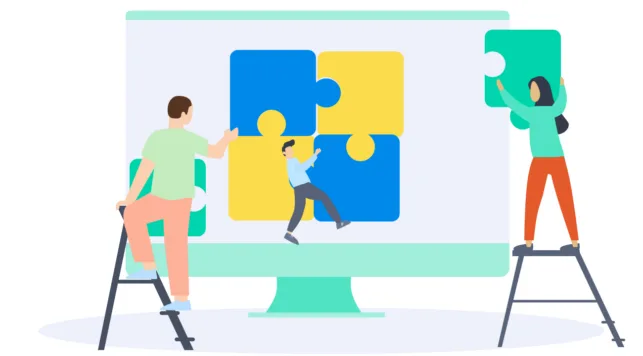 A team of illustrated characters partnering to build a puzzle piece within a desktop interface.