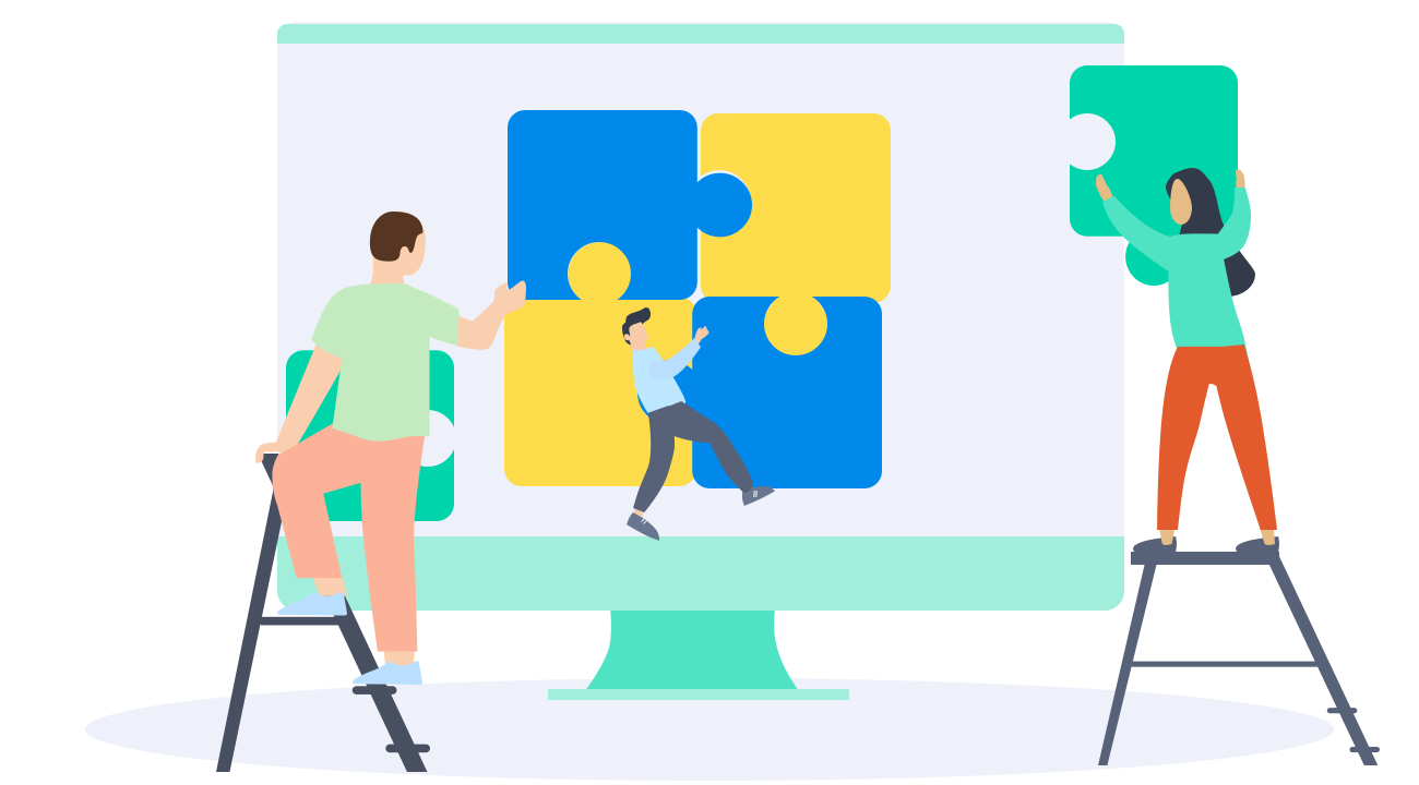 A team of illustrated characters partnering to build a puzzle piece within a desktop interface.
