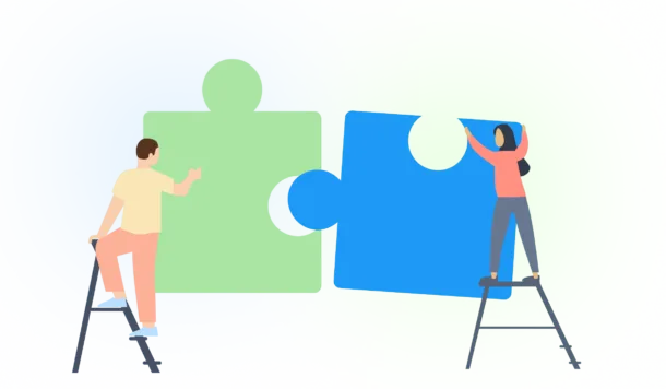 Two illustrated characters connecting puzzle pieces together to announce new partnership.