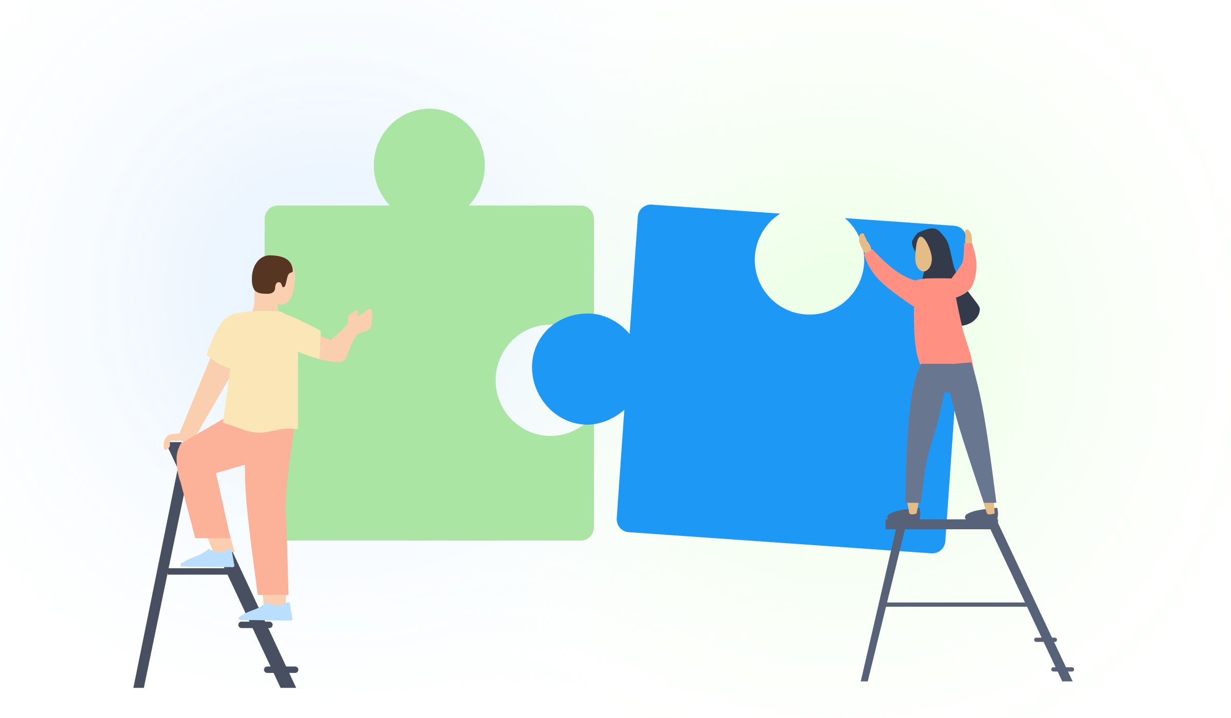 Two illustrated characters connecting puzzle pieces together to announce new partnership.