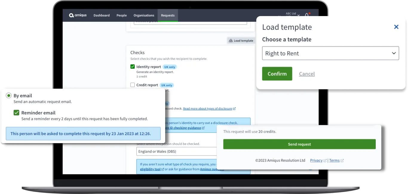 Product screen showing requesting a Right to Rent pre-loaded template for candidate to complete by email.