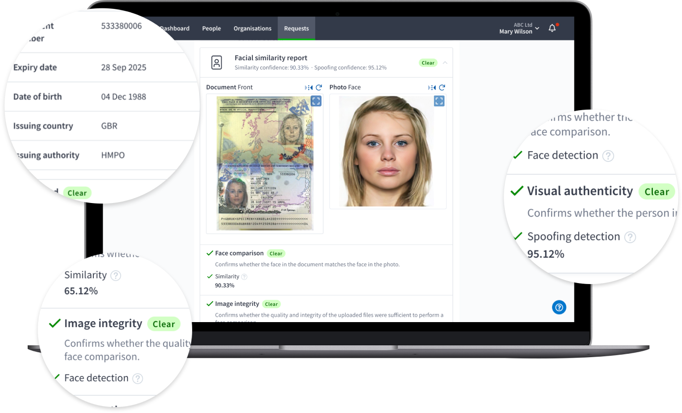 Product screen showing the facial similarity and liveness results shown in a report. This is showing the passport next to the persons face and matching to check the details are correct for the likes or image integrity and visual authenticity.