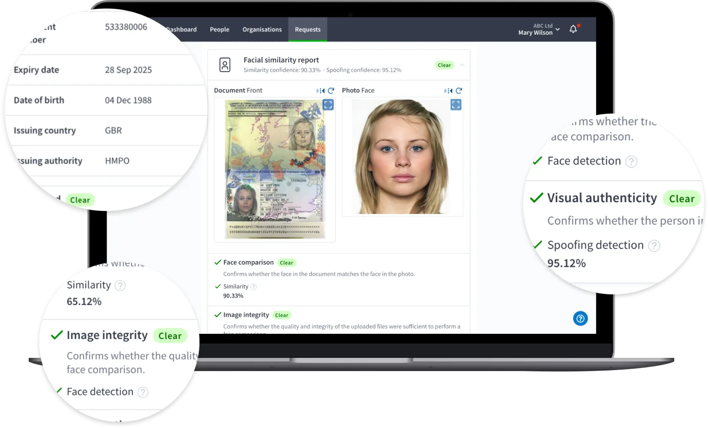 Product screen showing the facial similarity and liveness results shown in a report. This is showing the passport next to the persons face and matching to check the details are correct for the likes or image integrity and visual authenticity.