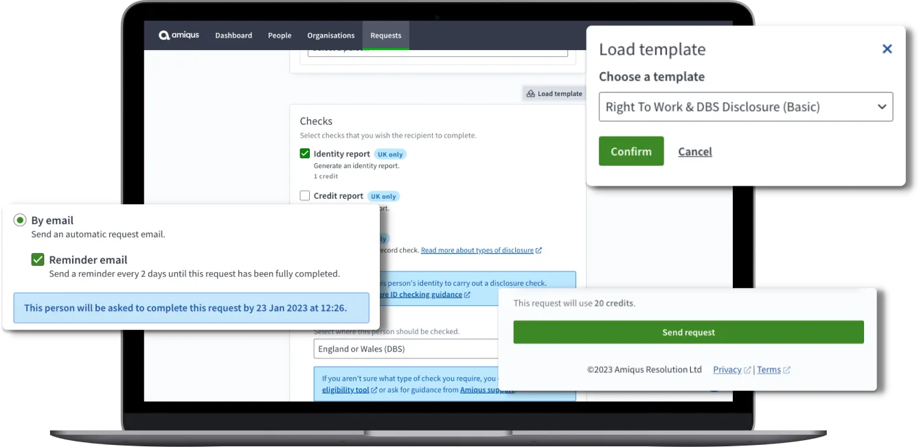 Product screen selecting Right to Work checks pre-loaded template to send by email.