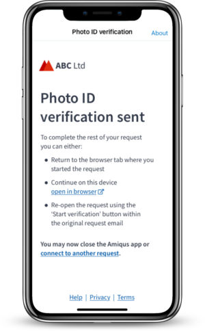 Product screen of the Amiqus app notifying that the Photo ID verification has been submitted for review.