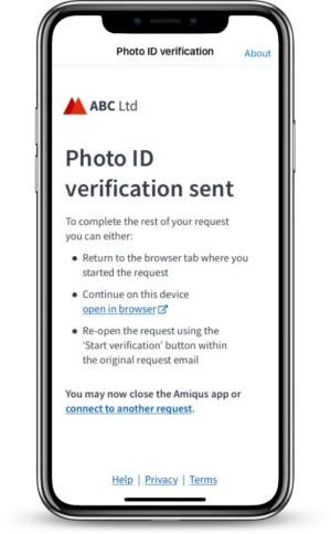 Amiqus product app screen to show that you have submitted your Photo ID verification.