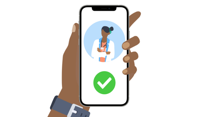 An illustration of a hand holding a mobile device with an image of doctor and a check mark on it.