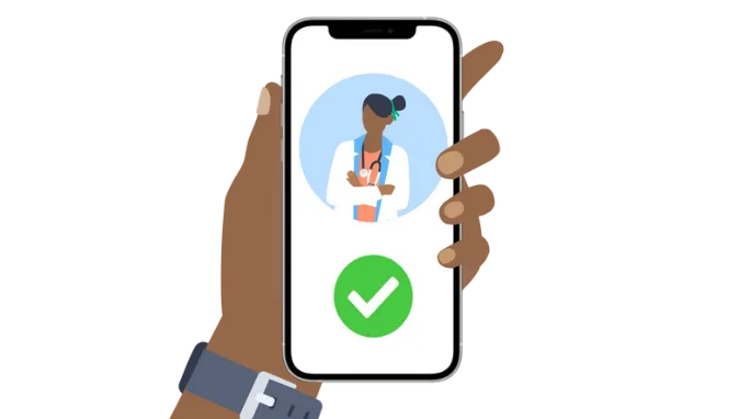 An illustration of a hand holding a mobile device with an image of doctor and a check mark on it.