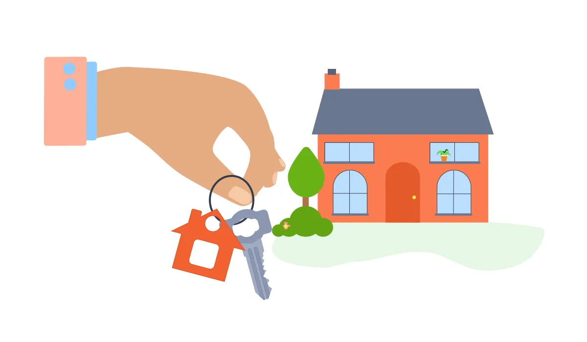 A hand holding keys with a house and tree in the background