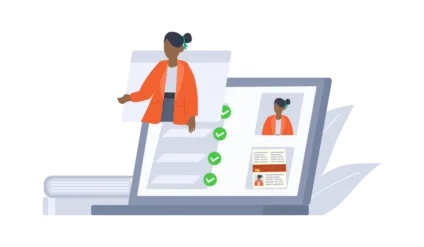 A woman's profile on a screen with a checklist and an identity document