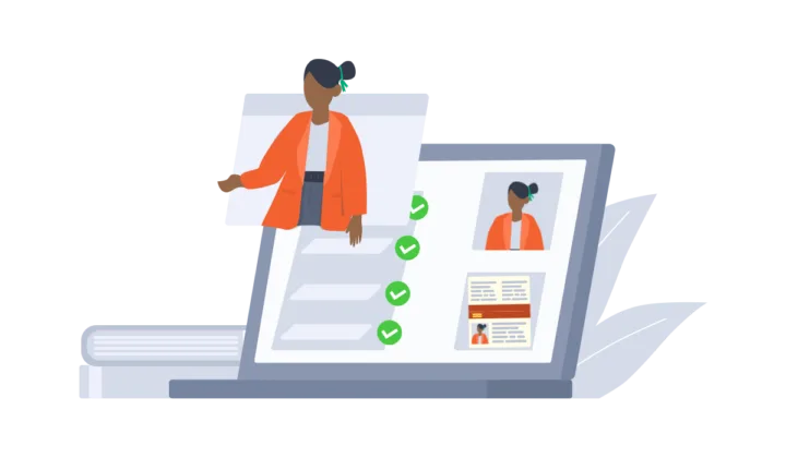 A woman's profile on a screen with a checklist and an identity document